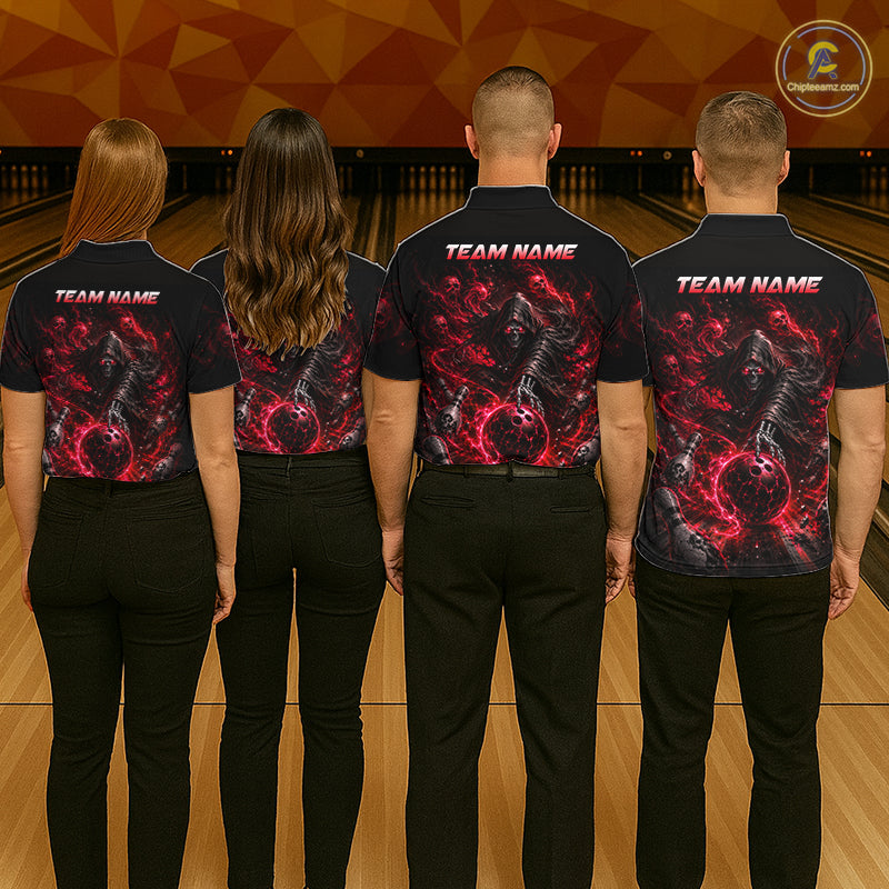 Custom Red Fire Grim Reaper Bowling Jersey For Womens Bowling Team Shirts Bowling League Polo & 1/4 Zip NHT1147