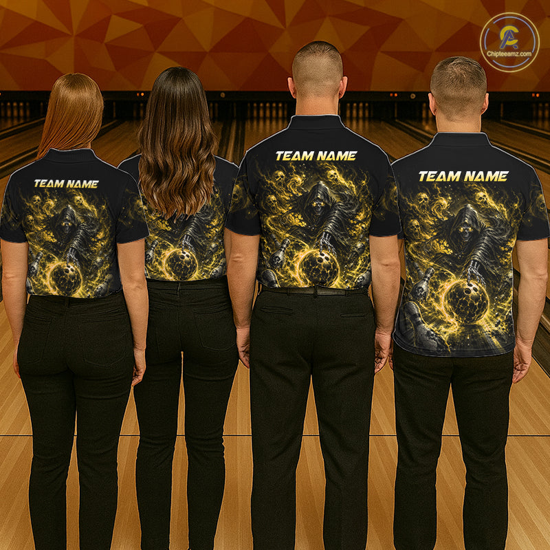 Custom Yellow Fire Grim Reaper Bowling Jersey For Womens Bowling Team Shirts Polo & 1/4 Zip NHT1148