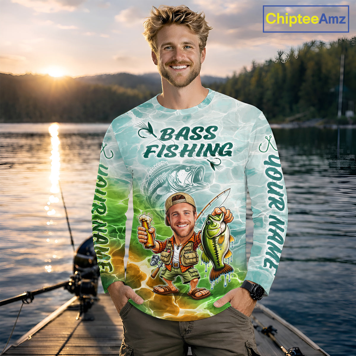 Custom Photo Funny Bass Fishing Shirts Long Sleeve For Men, Fishing Team Jersey NHT642