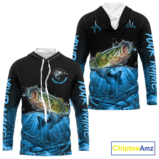 Largemouth Bass Fishing Shirt Long Sleeve Hooded For Tournament – Angler Gift For Men Dad| Blue NHT849