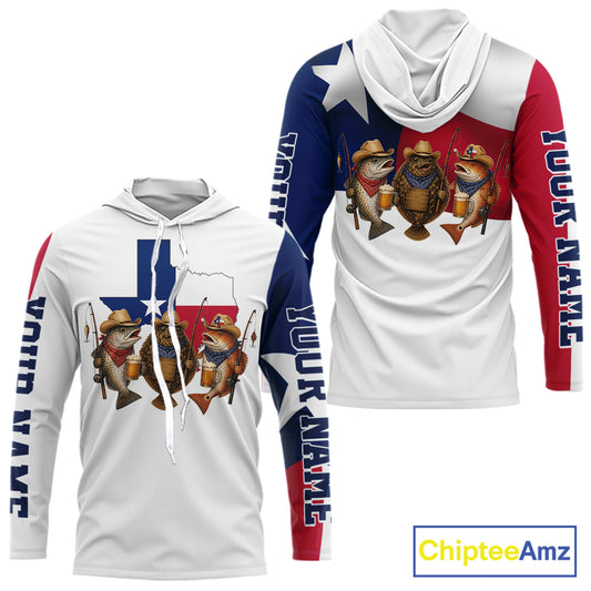 Funny Cowboy Trout, Flounder, Redfish Texas Flag Long Sleeve Hooded Fishing Shirts Apparel