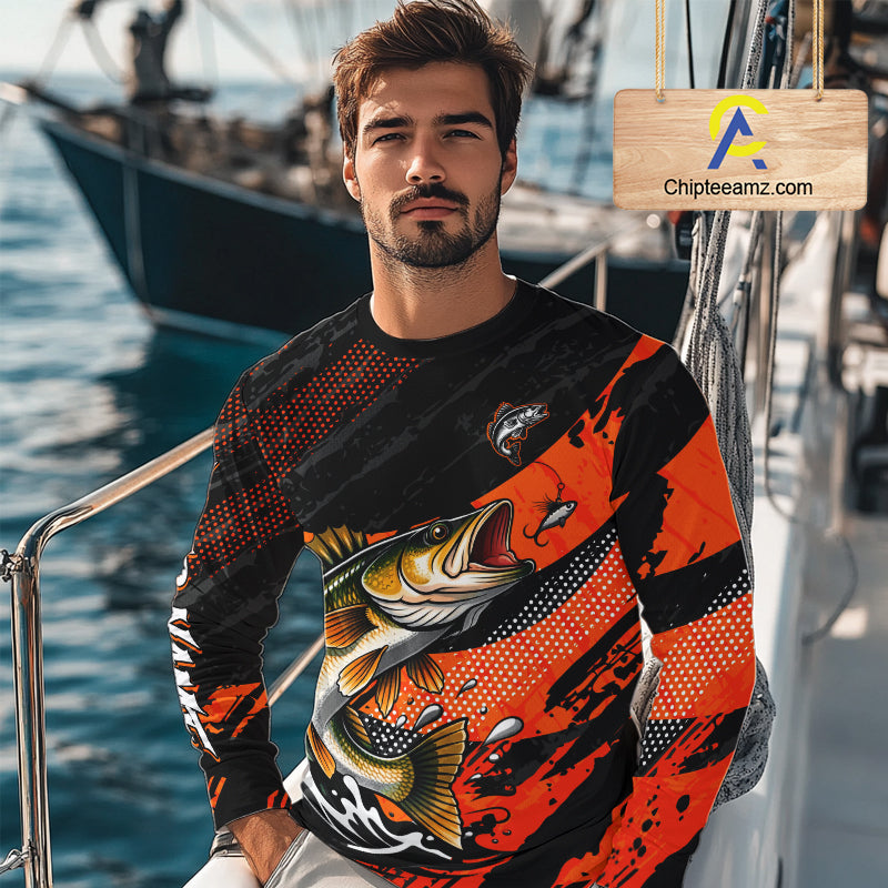 Personalized Walleye Fishing Long Sleeve Tournament Shirt For Men, Performance Fishing Shirt NHT461