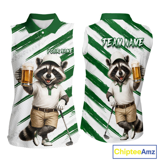 Custom Funny Beer Raccoon Golf Jersey For Womens, Womens Sleeveless Golf Polo Shirt Black Beige Golf Jersey NHT936