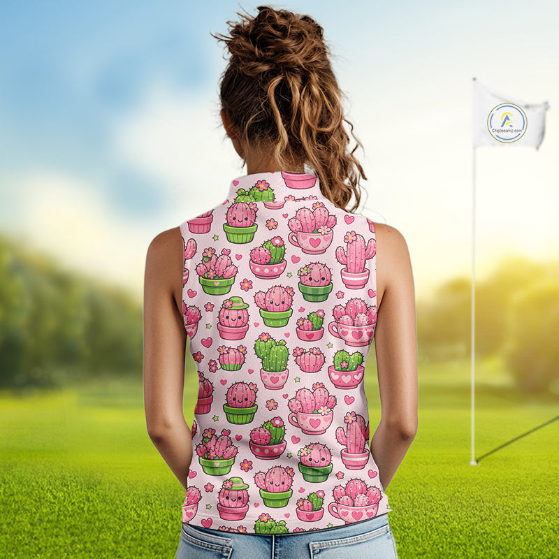 Cute Kawaii Cactus Womens Sleeveless Golf Polo Shirt, Funny Pink Cartoon Cactus Shirt NHT555