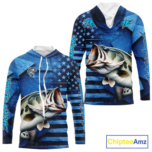 Bass Fishing Shirts Long Sleeve Hooded With American Flag, Personalized Bass Fishing Gift For Father Days NHT680