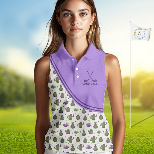 Personalized Funny Purple Cactus Pattern Womens Sleeveless Golf Polo Shirts Custom Cactus Golf Shirt, Golfer Gifts NBT707