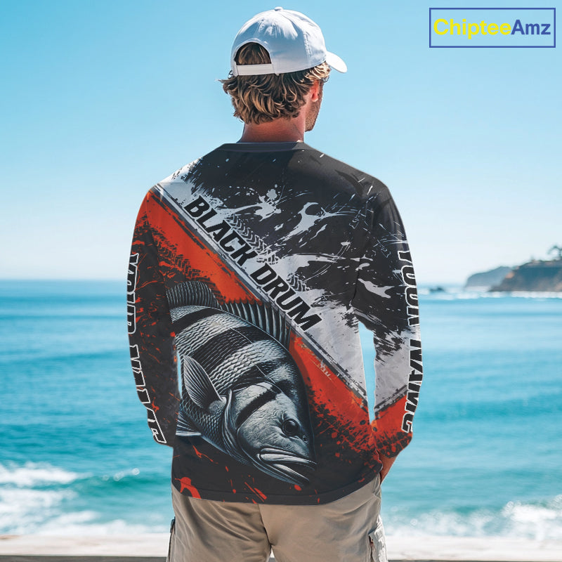 Custom Orange Camo Black Drum Jerseys For Fishing Team Long Sleeve Fishing Shirts NBT457