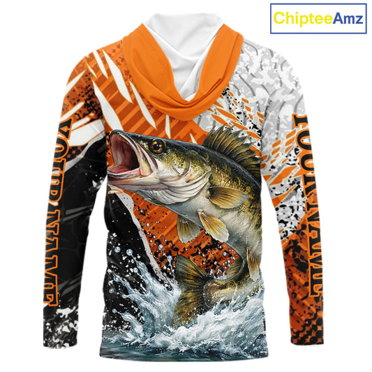 Walleye Fishing Shirt Long Sleeve Hooded Orange Camo, Persionalized Walleye Fishing Jerseys NBT406