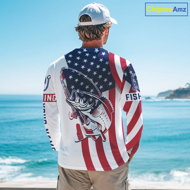 Bass Fishing American Flag Fishing Tournament Shirts, Personalized Bass Long Sleeve Fishing Jerseys NBT485