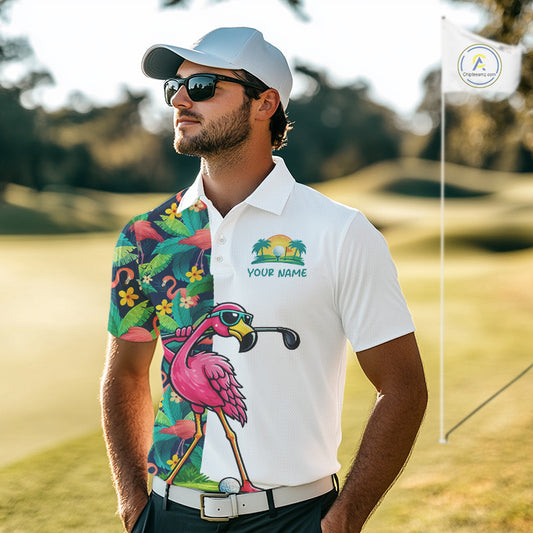 Funny Flamingo Mens Golf Polo Shirts Colorful Tropical Flamingo Custom Name, Golf Gifts NBT487
