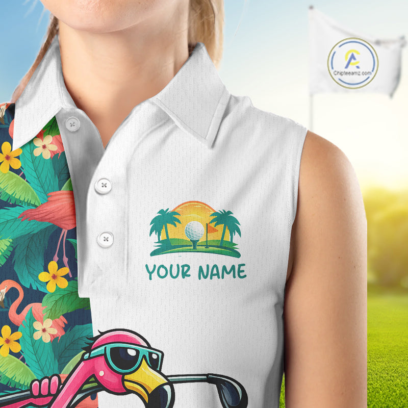 Funny Flamingo Womens Sleeveless Golf Polo Shirts Colorful Tropical Flamingo Custom Name, Golf Gifts NBT487