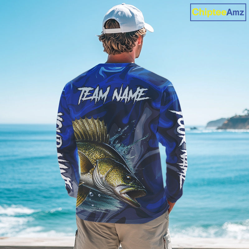 Model wearing Walleye Fishing Jersey Custom Name long sleeve camo walleye fishing shirt for team, UPF 30+ long sleeve fishing shirt on the boat