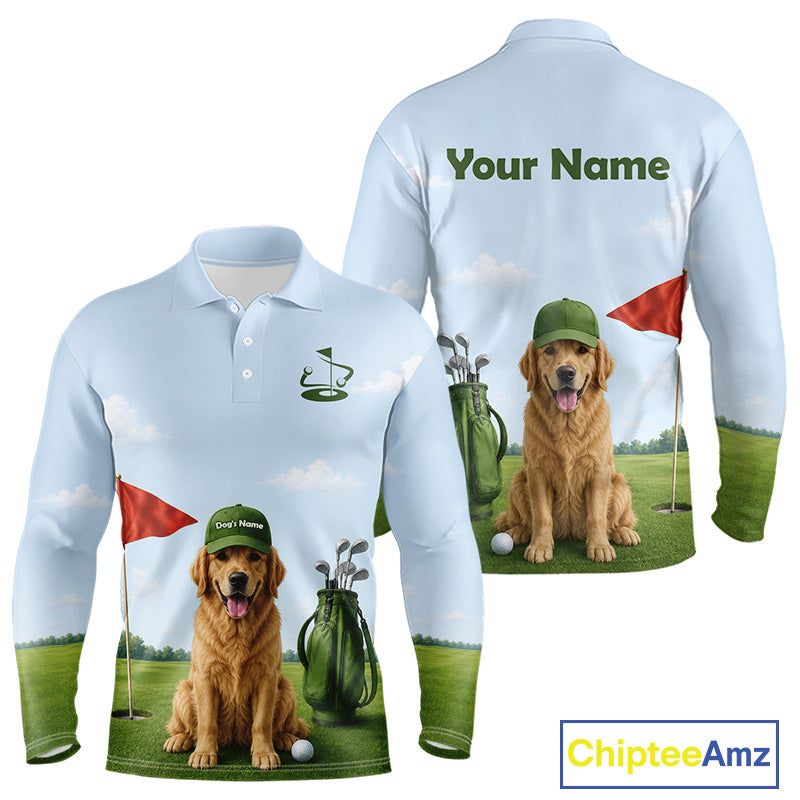 Golf-themed long-sleeve shirt with a dog on a golf course, customizable with 'Your Name'