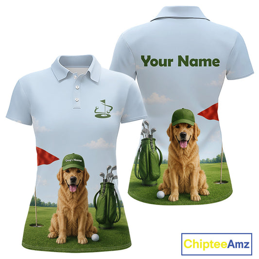 Light blue womens polo shirt with a dog playing golf design