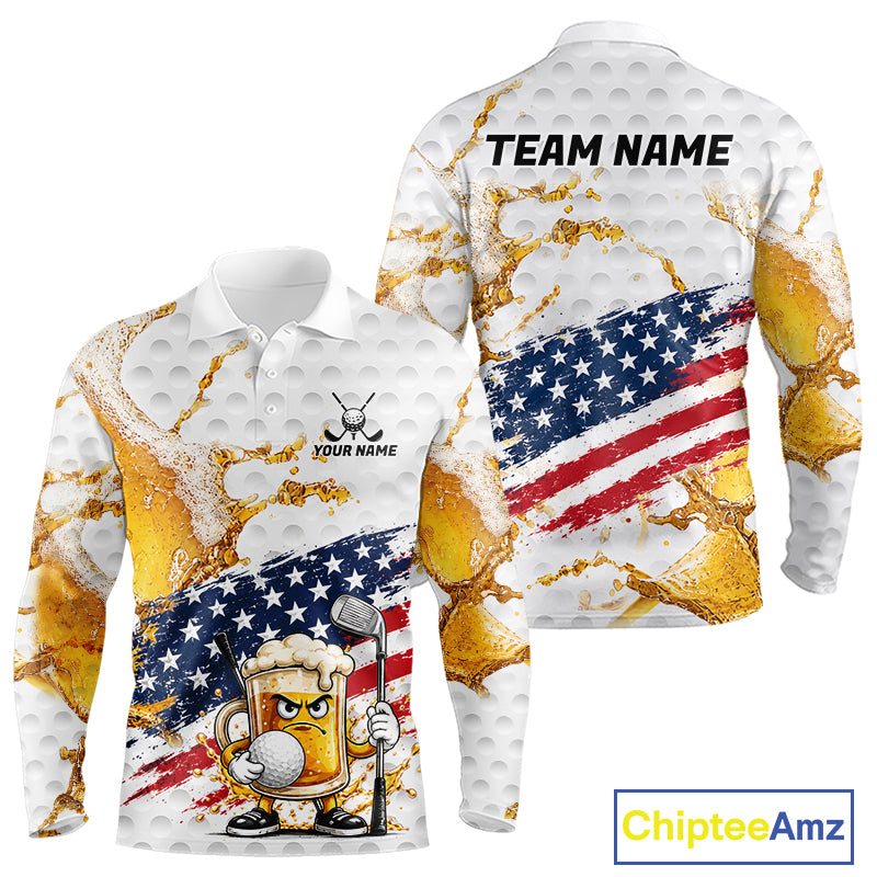 Patriotic Beer Mens Long Sleeve Golf Polo Shirt front view - American flag + beer design, breathable fabric, red white blue colors