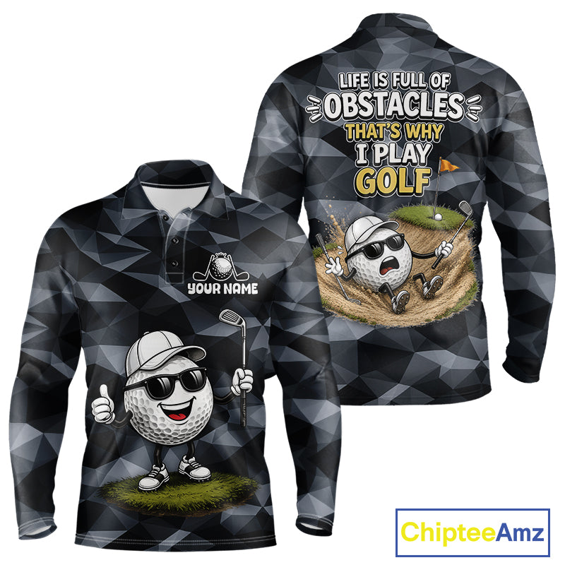Front view of funny mens long sleeve golf polo shirt with custom golf ball camo pattern, funny golf outfits and best golf gifts