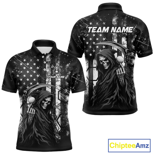 Front and back view of custom black and white American flag skull reaper mens golf polo shirt with personalized name