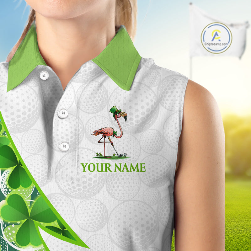 Close-up fabric of Funny Flamingo green clover pattern white womens sleeveless golf polo shirt St Patrick Day