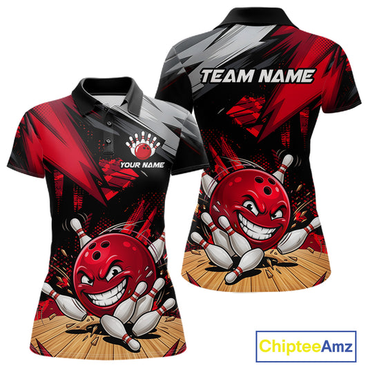Custom Funny Bowling Ball Bowling Women Polo & 1/4 Quarter Zip Shirt, Red Bowling Team Shirt NBT929