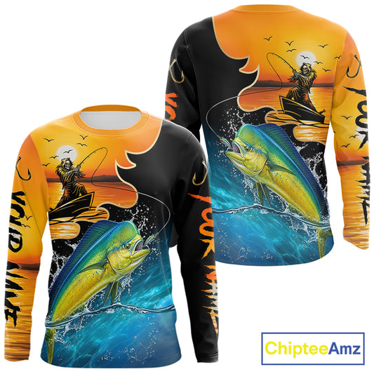 Saltwater long sleeve fishing shirt with fish reaper design