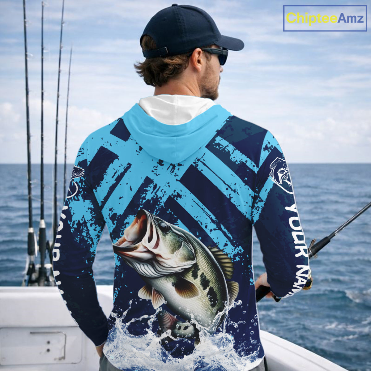Bass Fishing Blue Camo Long Sleeve Hooded Fishing Shirts UV Protection, Bass Fishing Jerseys NBT460