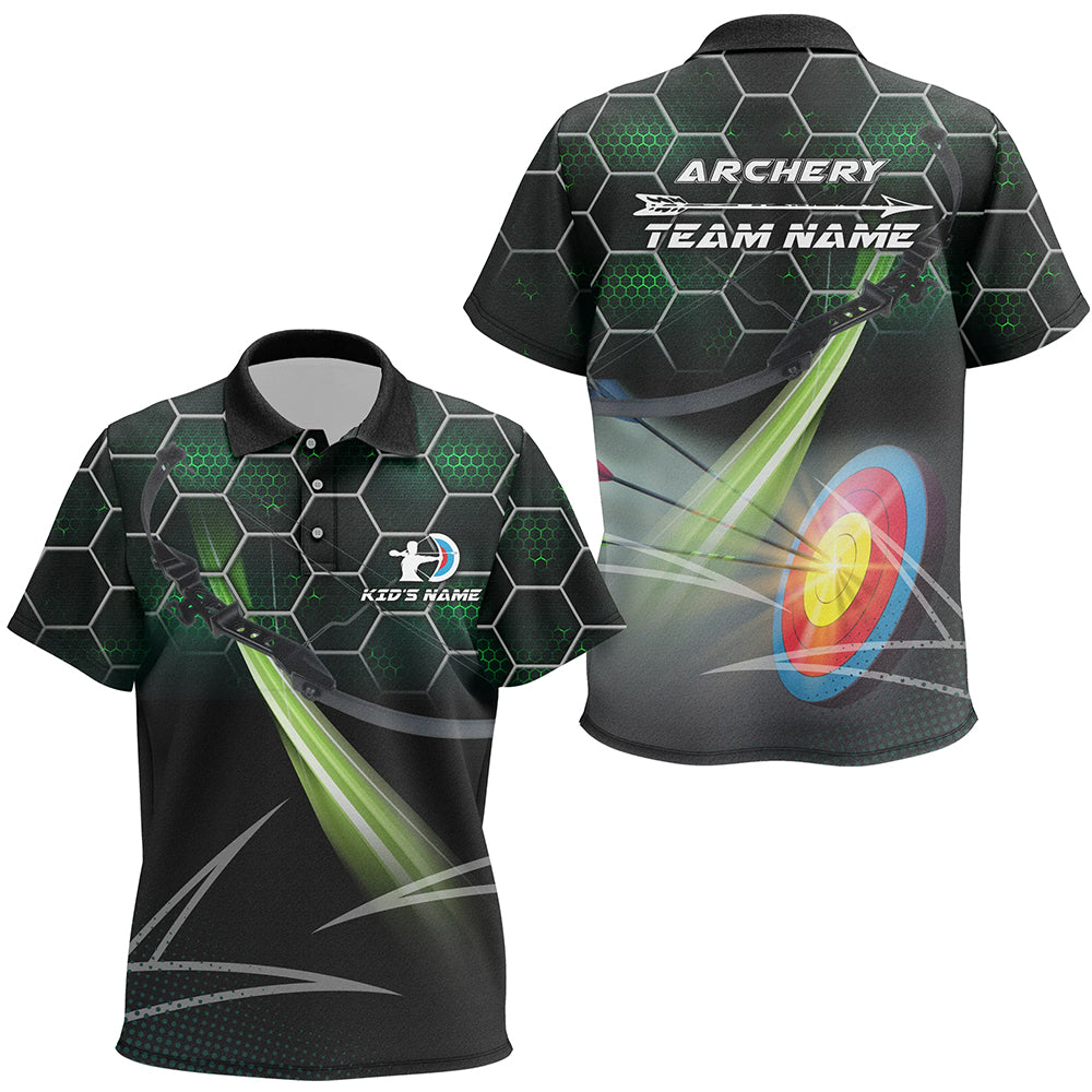 Personalized Green 3D Target Archery Polo Shirts For Kids, Custom Name Arrow Archery Team Shirts VHM0667
