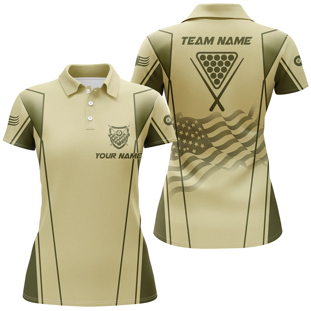 Personalized US Flag Billiard 8 Ball Pool 3D Polo Shirts For Women, Green Billiard Balls Team Jerseys VHM1050