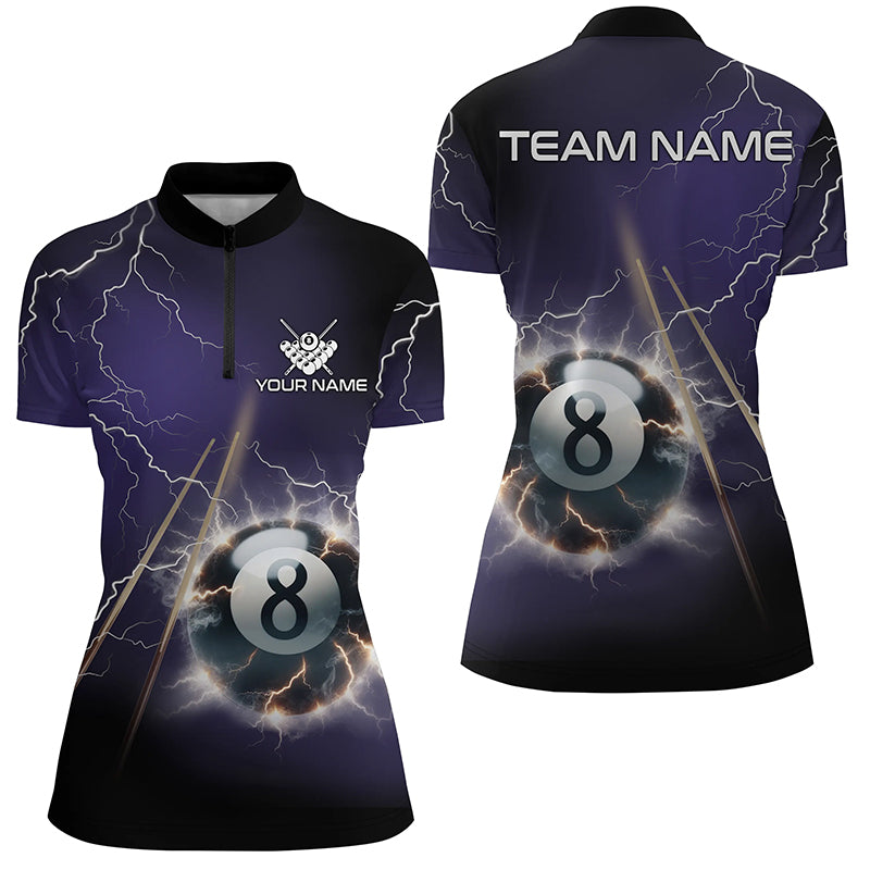 Personalized Thunder Lighting Purple 8 Ball Billiard 3D Quarter-Zip Shirts For Women, 8 Ball Jerseys VHM1029