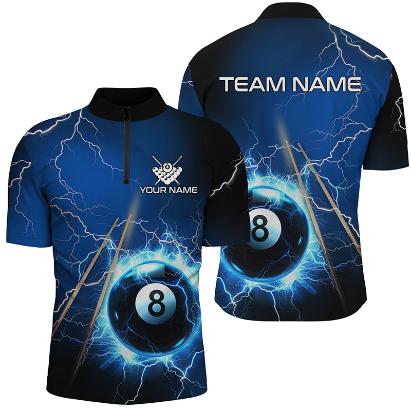 Personalized Thunder Lighting Blue 8 Ball Billiards Quarter Zip Shirts For Men 8 Ball Pool Jerseys VHM1171