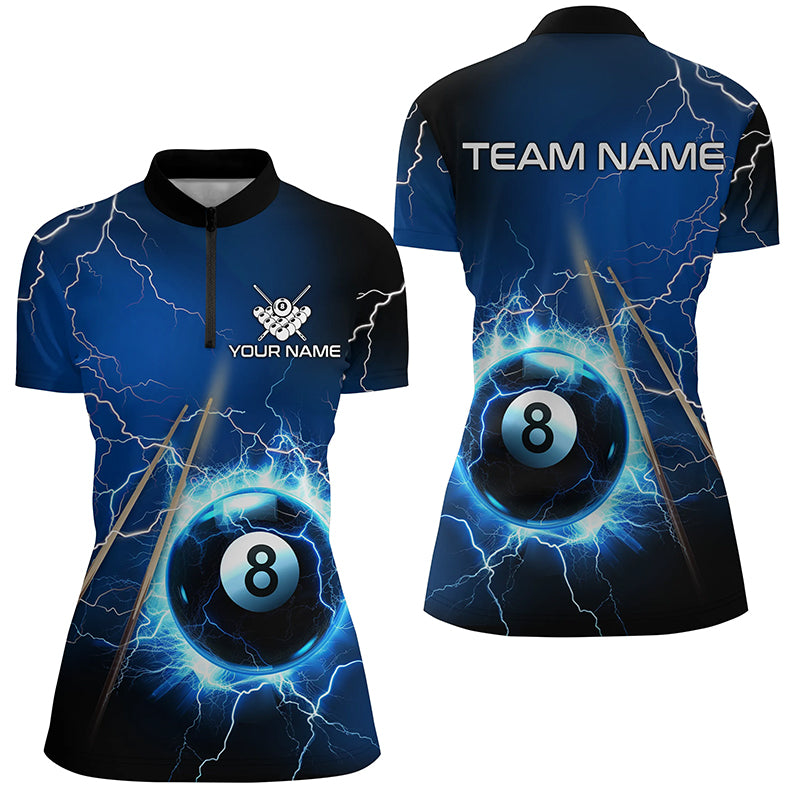 Personalized Thunder Lighting Blue 8 Ball Billiards Quarter Zip Shirts For Women 8 Ball Pool Jerseys VHM1171