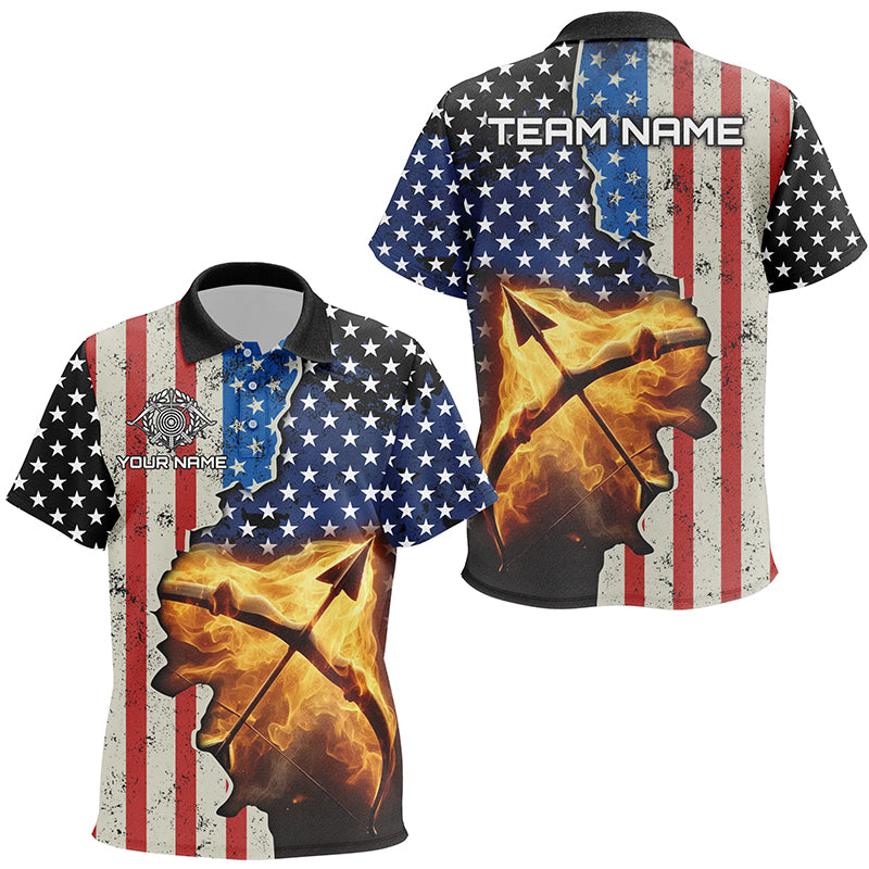 Personalized US Flag Archery Bow And Arrow Fire 3D Polo Shirts For Kids, Custom Archery Team Jerseys VHM1073