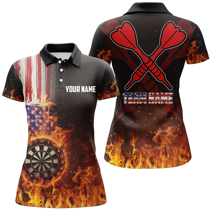 Personalized US Flag Fire Dartboard Dart 3D Polo Shirt For Women, Custom Patriotic Women Dart Jerseys VHM1079