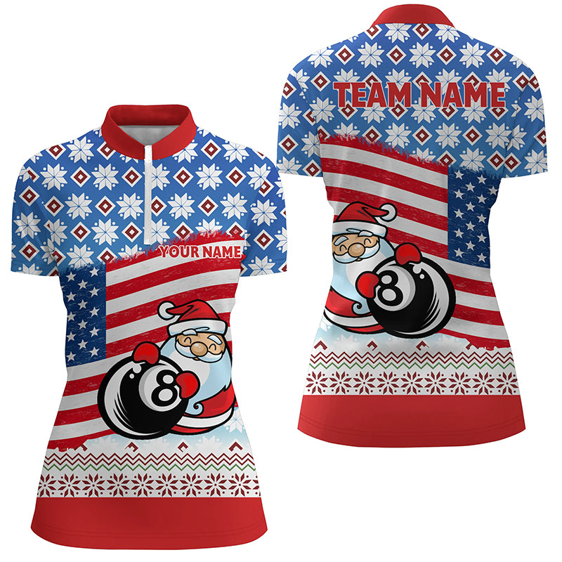 Personalized US Flag 8 Ball Pool With Santa Christmas Billiard Quarter-Zip Shirts For Women VHM0626