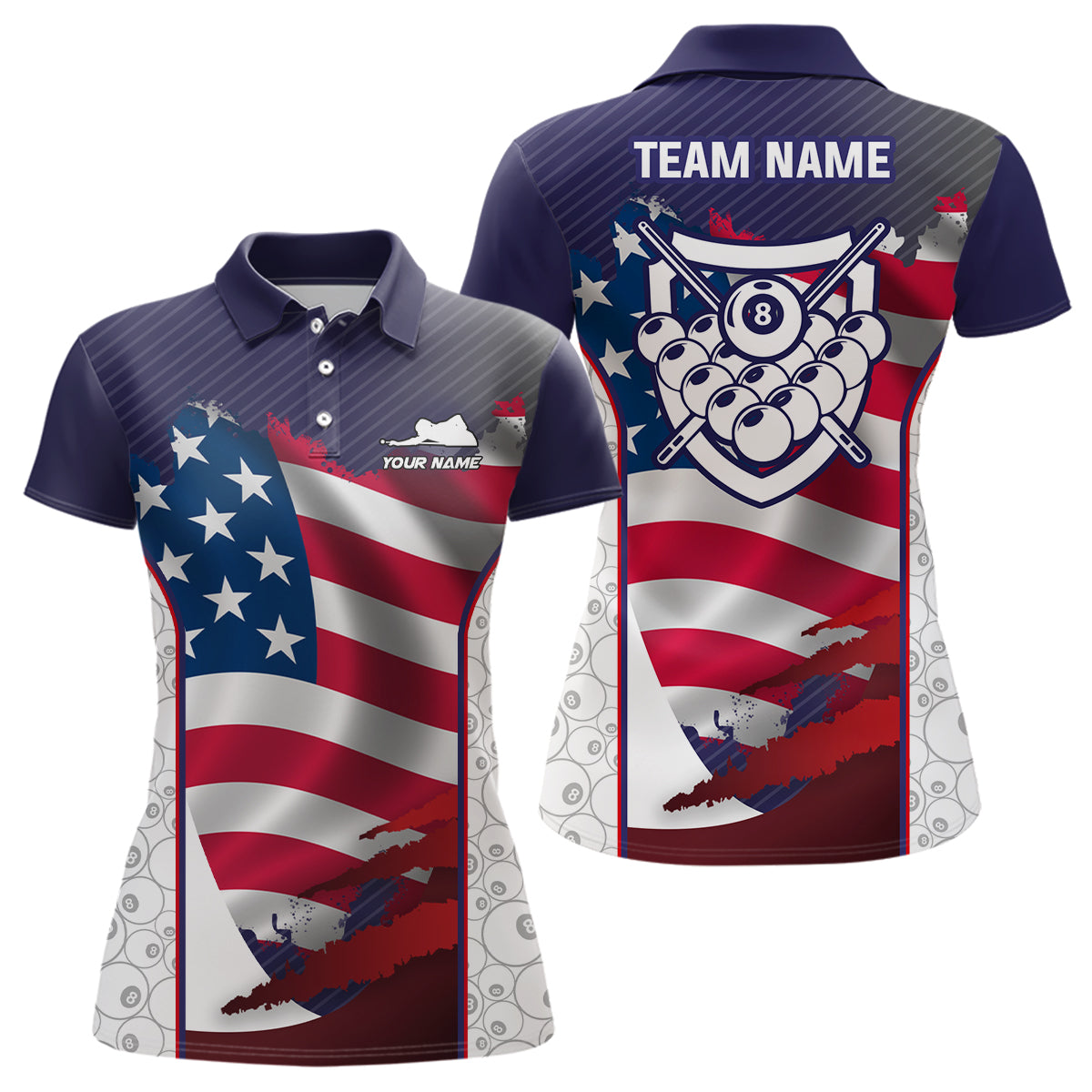 Personalized Billiard US Flag 8 Ball Pattern Billiards 3D Polo Shirts For Women, Billiards Jerseys VHM0447
