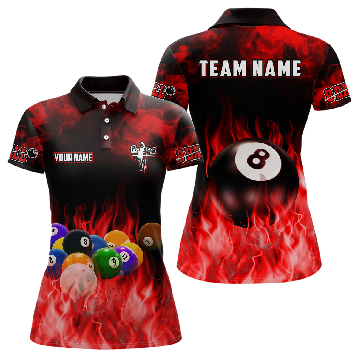Personalized Billiard Balls Flame Billiard Red 3D Polo Shirts For Women, Custom 8 Ball Pool Jerseys VHM0491