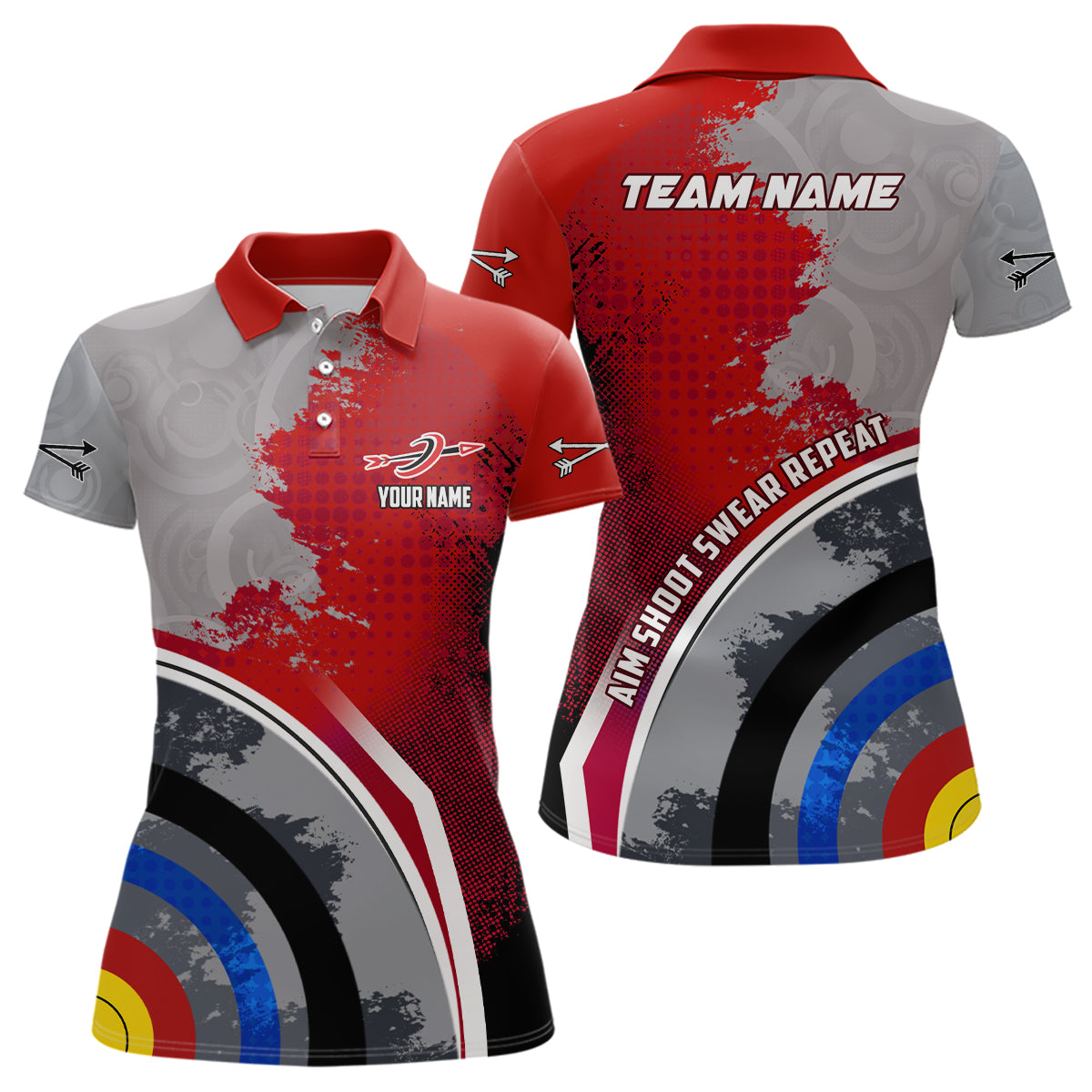 Personalized Aim Shoot Swear Repeat Archery Polo Shirts For Women, Red Grey 3D Target Archery Shirts VHM0706