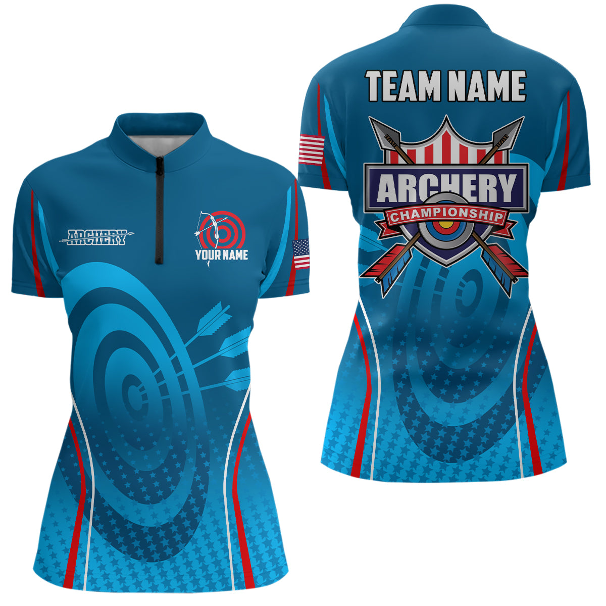 Personalized Blue Red Target Archery Quarter-Zip Shirts For Women, US Flag Archery Champion Shirts VHM0569