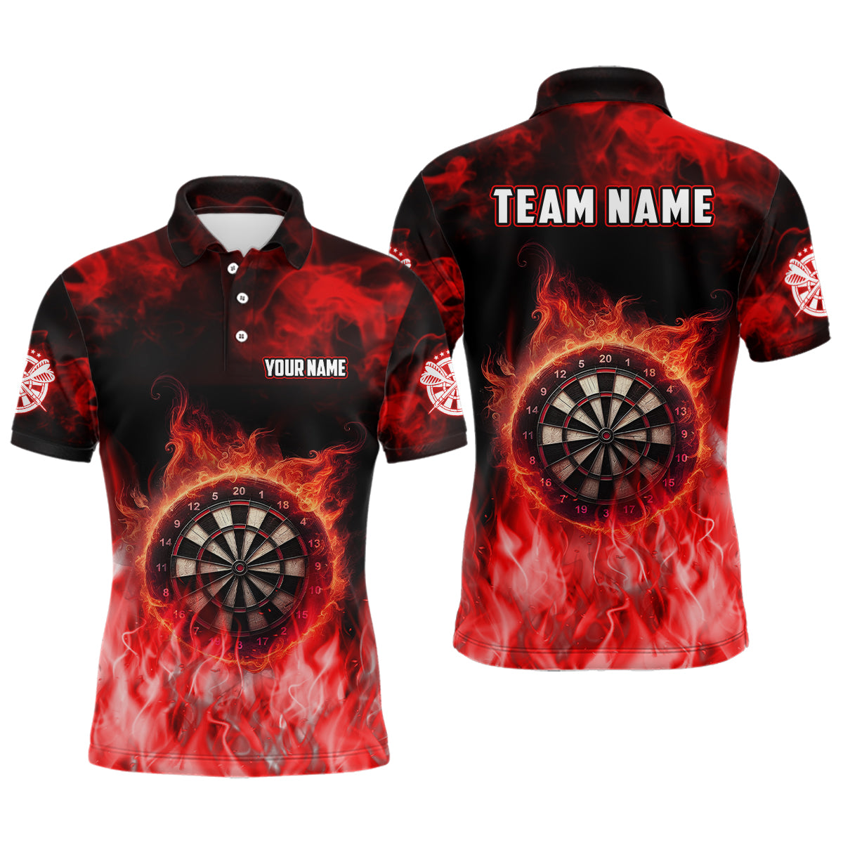 Personalized Fire Flame Red Dart Polo Shirts For Men, Dart Team Jerseys Custom Mens Dart Shirts VHM1084