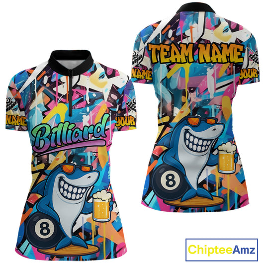 Funny Shark Colorful Graffiti Style Custom 8 Ball Billiard Shirt For Women Best Billiard Team Jersey TDM3850