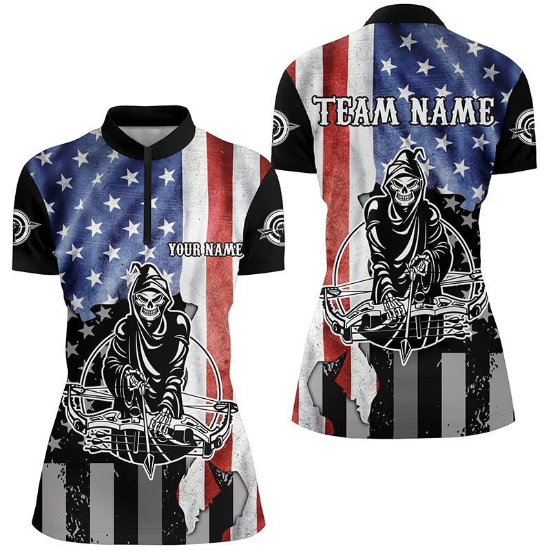 Skeleton Playing Archery Custom US Flag Women Quarter-Zip Shirts Best Unique Archery Shirts TDM0520
