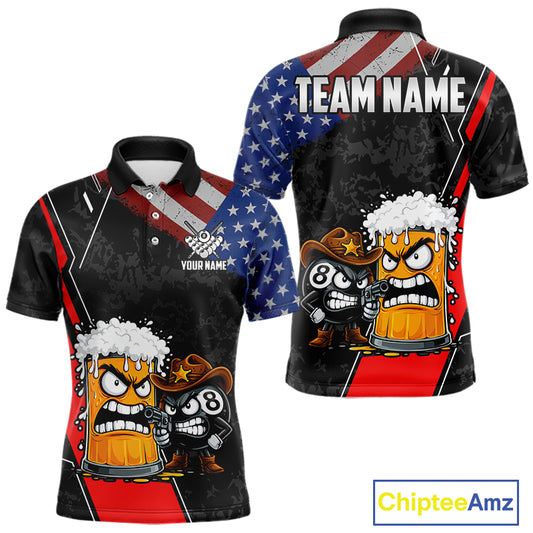 Funny Beer US Flag 8 Ball Pool Billiard Shirt For Men Custom Billiard Team Jersey Polo & 1/4 Zip TDM6047