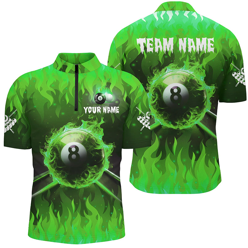 Personalized Green 3D 8 Ball Pool & Fire Men Quarter-Zip Shirt Custom Billiard Apparel TDM1435