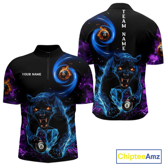 Personalized Blue Purple Flaming 3D Panther Billiard Shirts For Men, Cool Team Billiard Jerseys TDM5196