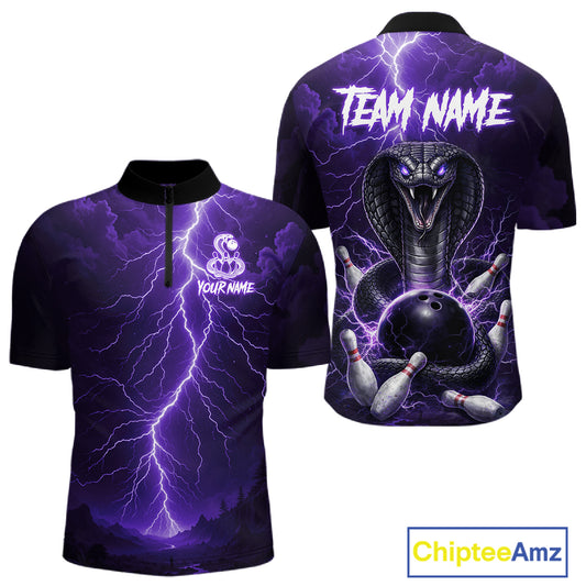 Custom Purple Lightning Cobra Snake Bowling Shirt For Men, Bowling Team Jersey Polo & 1/4 Zip TDM6351