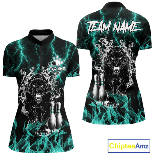 Turquoise flaming panther bowling quarter zip shirt for women designed for league tournaments and team events.