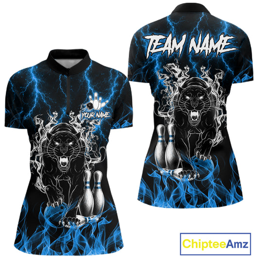 Blue flaming panther bowling quarter zip shirt for women designed for league tournaments and team events.