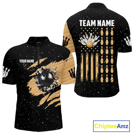 Custom Grunge American Flag Bowling Shirt For Men, Patriotic Bowling Team Jersey Polo & 1/4 Zip TDM4631