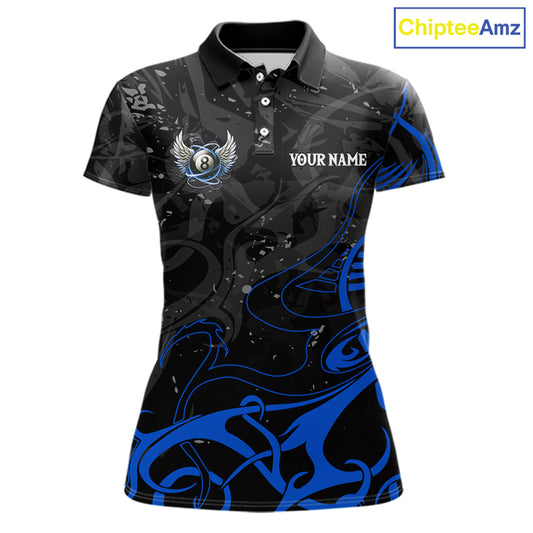 Black And Blue 8 Ball Wings Billiard Shirt For Women Custom Tribal Pool Jersey Team Polo & 1/4 Zip TDM5775