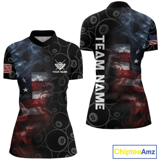 Smoke American Flag Billiard Polo & Quarter Zip For Women Custom Patriotic 8 Ball Pool Team Jersey TDM4832