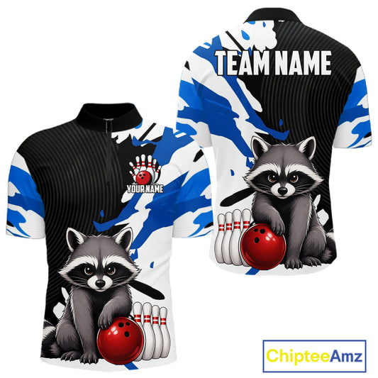 Bowling shirt with raccoon design and customizable text on a white background
